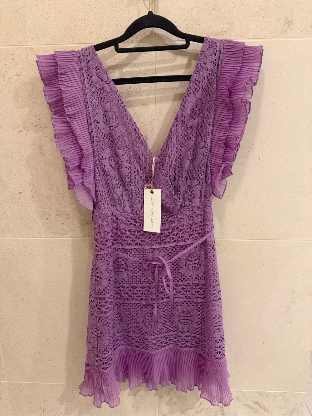 LoveShackFancy Lavender Crochet & Pleat Mini Dress